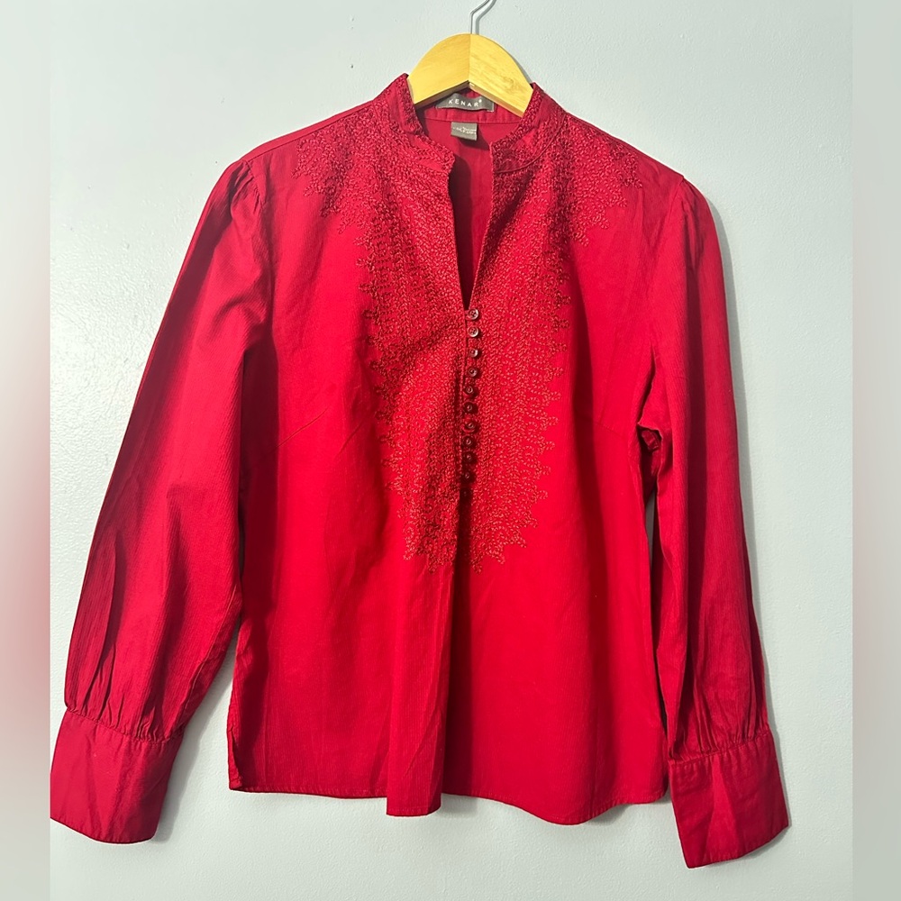 KENAR 100% cotton Red Embroidered Button-Up Blouse size L